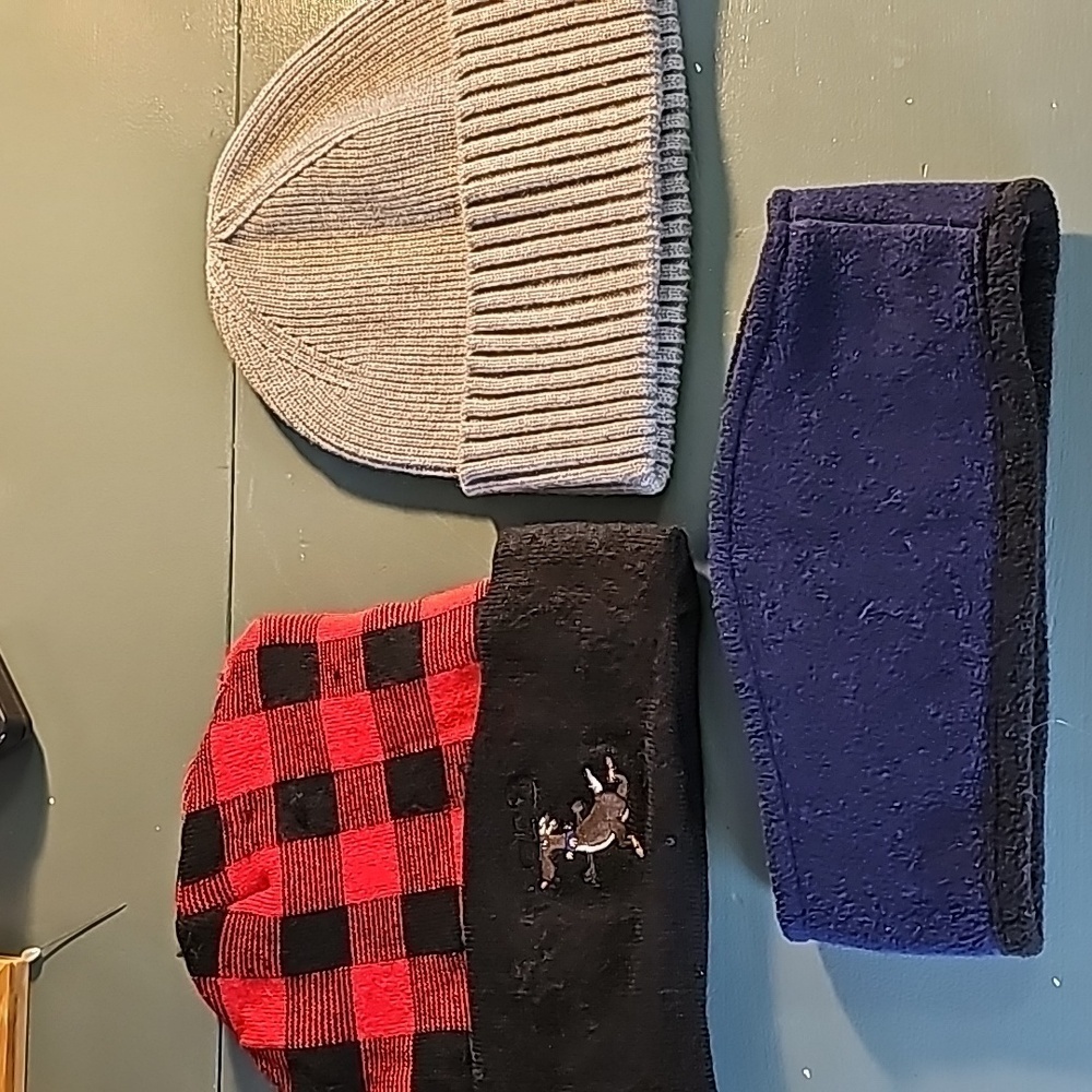3 winter hats. Gray beanie, new. Red beanie used, ear muff reversible.